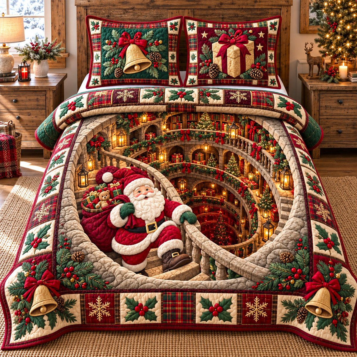 Grand Library Santa 3 Piece Quilted Bedding Set Christmas Gift For Book Lovers