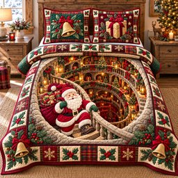 Grand Library Santa 3 Piece Quilted Bedding Set Christmas Gift For Book Lovers