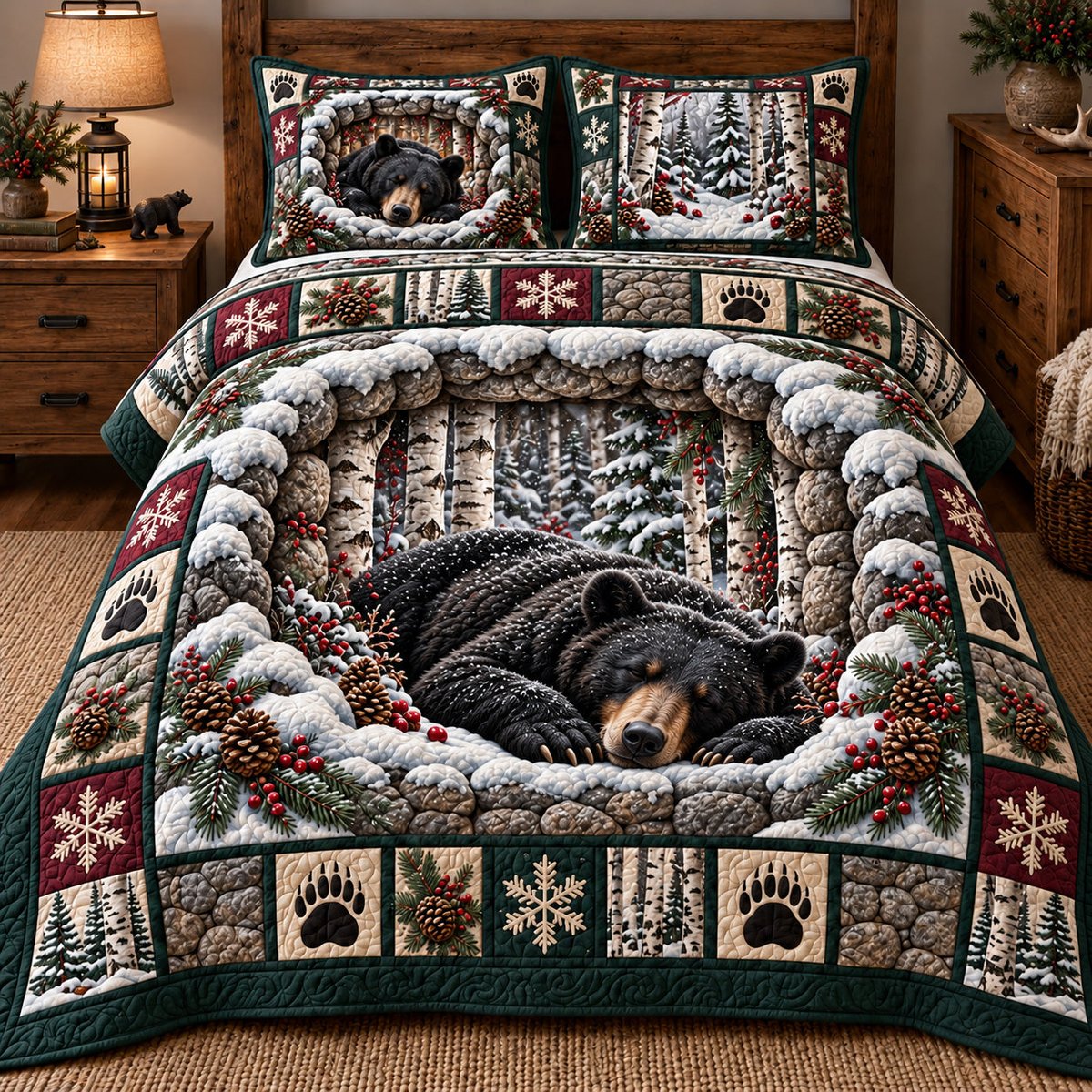 Winter Birch Bear 3 Piece Quilted Bedding Set Christmas Gift For Bear Lovers