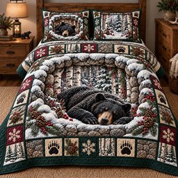 Winter Birch Bear 3 Piece Quilted Bedding Set Christmas Gift For Bear Lovers