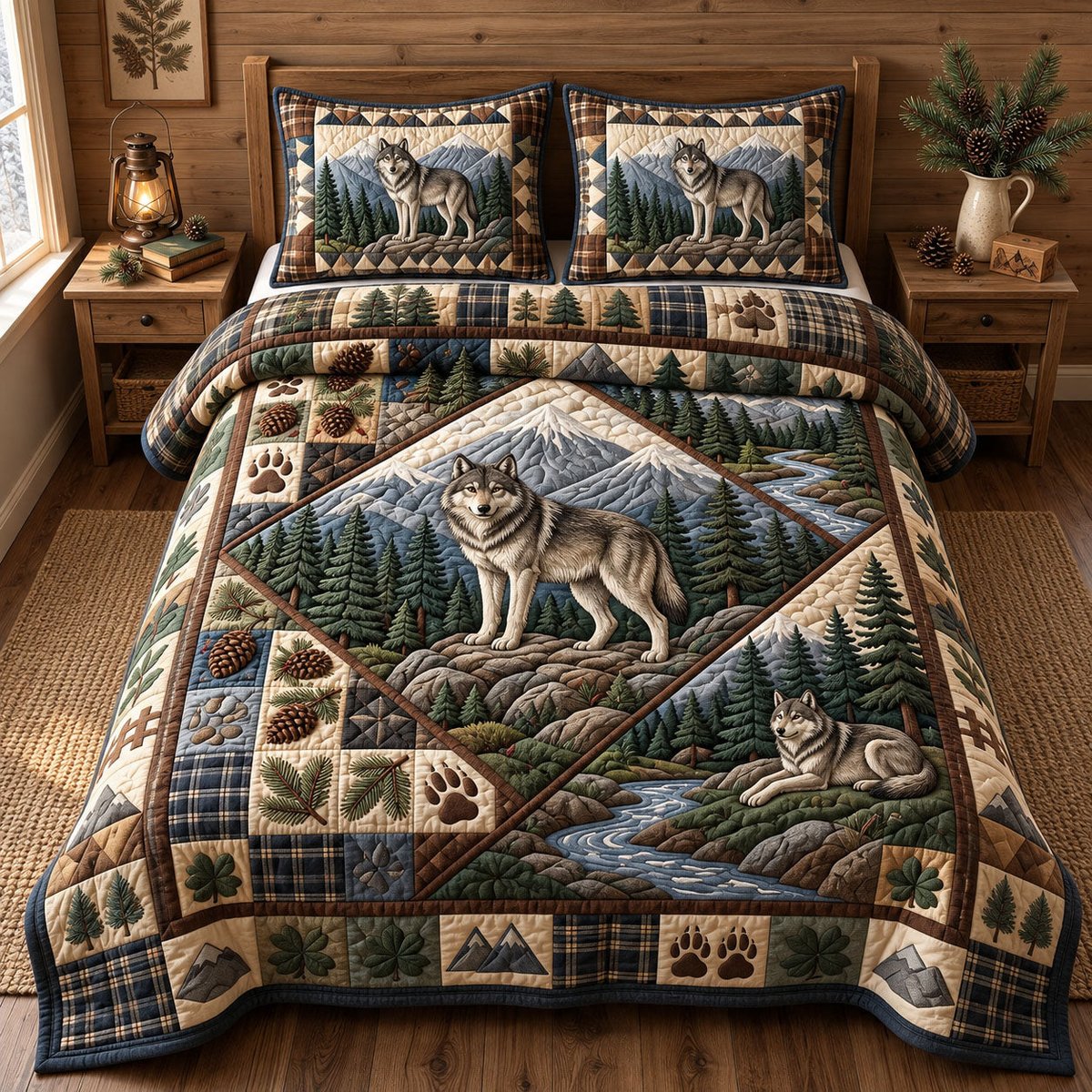 Rustic Wolf 3 Piece Quilted Bedding Set Gift For Wolf Lovers