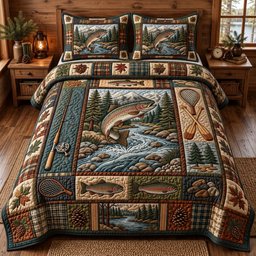 Rustic Bass Fishing 3 Piece Quilted Bedding Set Gift For Fishing Lovers