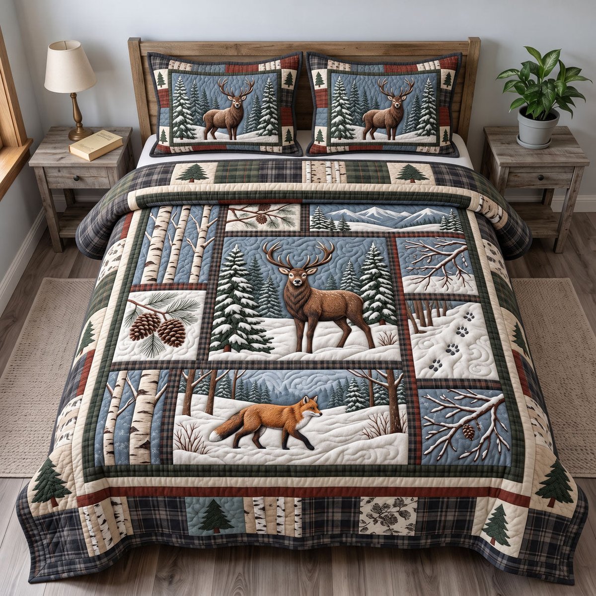 Rustic Deer 3 Piece Quilted Bedding Set Gift For Hunters