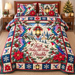 Winter Hummingbird Blossoms 3 Piece Quilted Bedding Set Gift For Bird Lovers