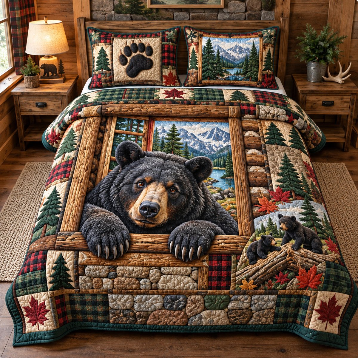 Black Bear Cabin 3 Piece Quilted Bedding Set Gift For Bear Lovers