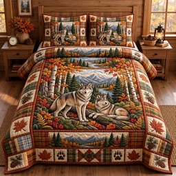 Rustic Wolf 3 Piece Quilted Bedding Set Gift For Wolf Lovers