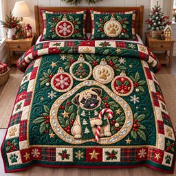 Pug Joys Dog 3 Piece Quilted Bedding Set Christmas Gift For Dog Lovers