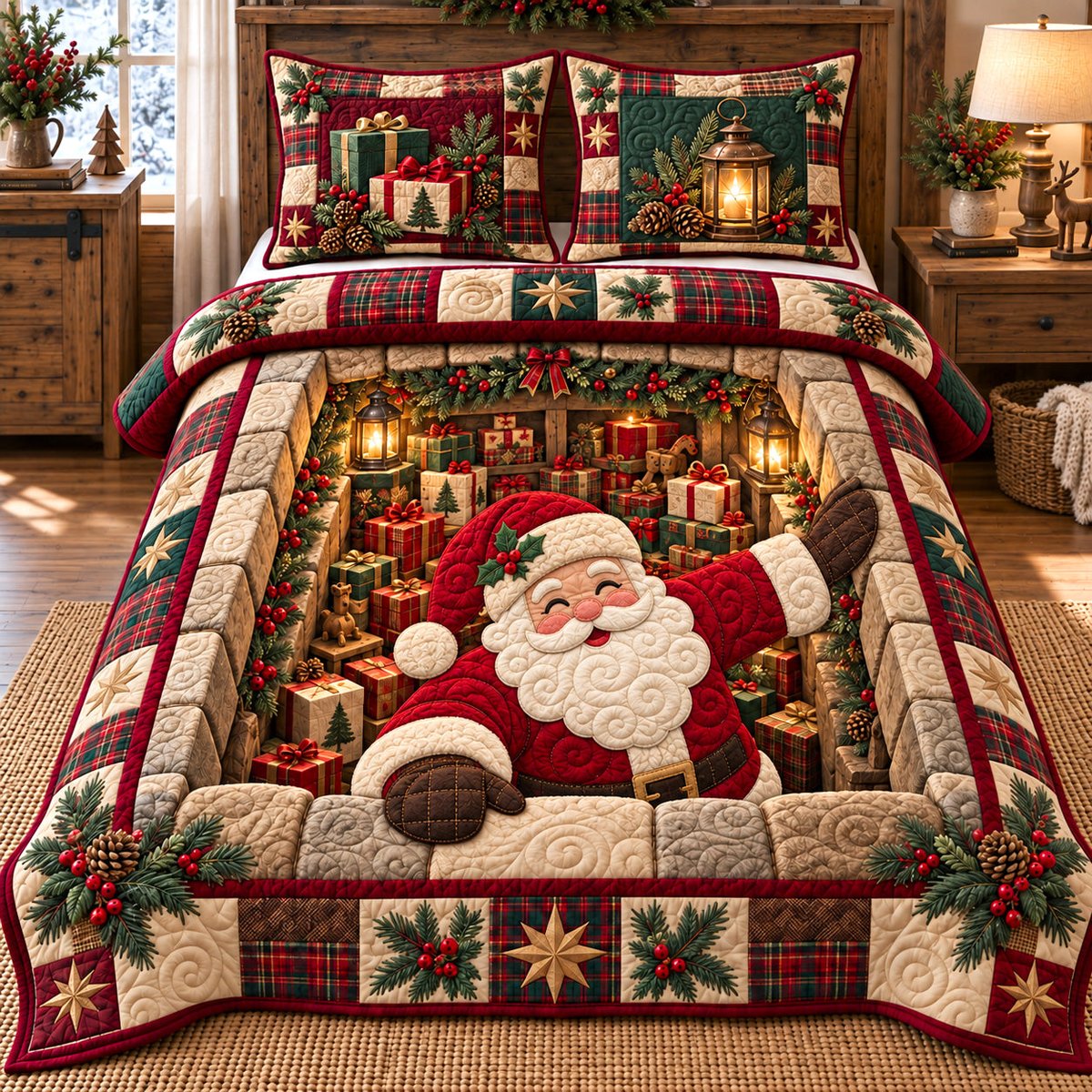 Gift Room Santa 3 Piece Quilted Bedding Set Christmas Gift For Holiday Decor Lovers