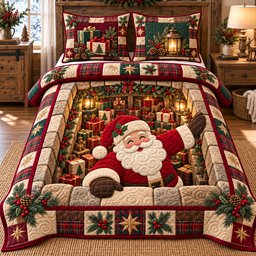 Gift Room Santa 3 Piece Quilted Bedding Set Christmas Gift For Holiday Decor Lovers