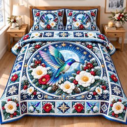 Winter Hummingbird Enchantment 3 Piece Quilted Bedding Set Gift For Bird Lovers