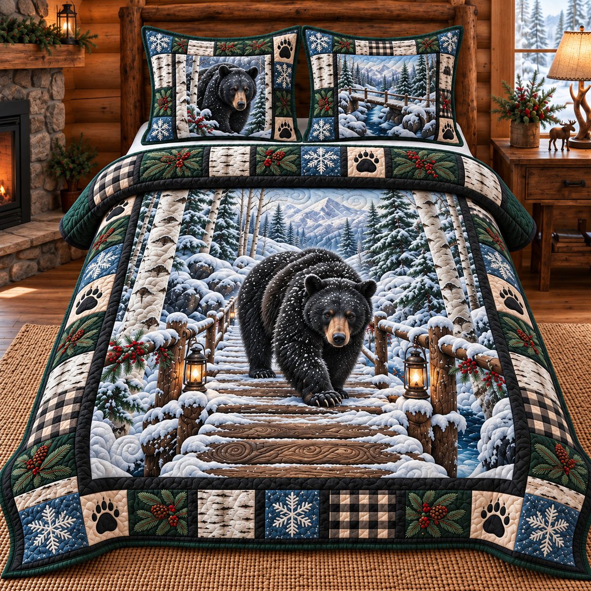 Winter Rustic Guardian 3 Piece Quilted Bedding Set Christmas Gift For Bear Lovers