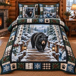 Winter Rustic Guardian 3 Piece Quilted Bedding Set Christmas Gift For Bear Lovers