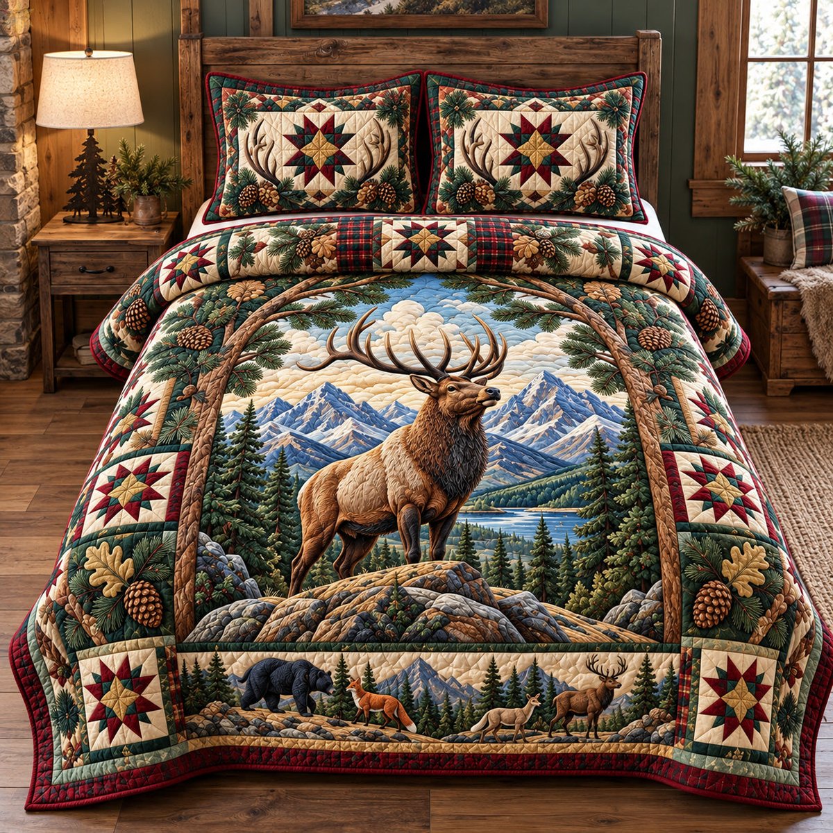 Majestic Elk Mountain 3 Piece Quilted Bedding Set Gift For Hunters