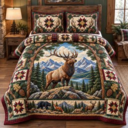 Majestic Elk Mountain 3 Piece Quilted Bedding Set Gift For Hunters