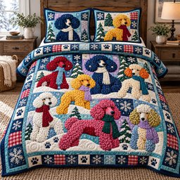 Winter Poodle Crew 3 Piece Quilted Bedding Set Christmas Gift For Dog Lovers