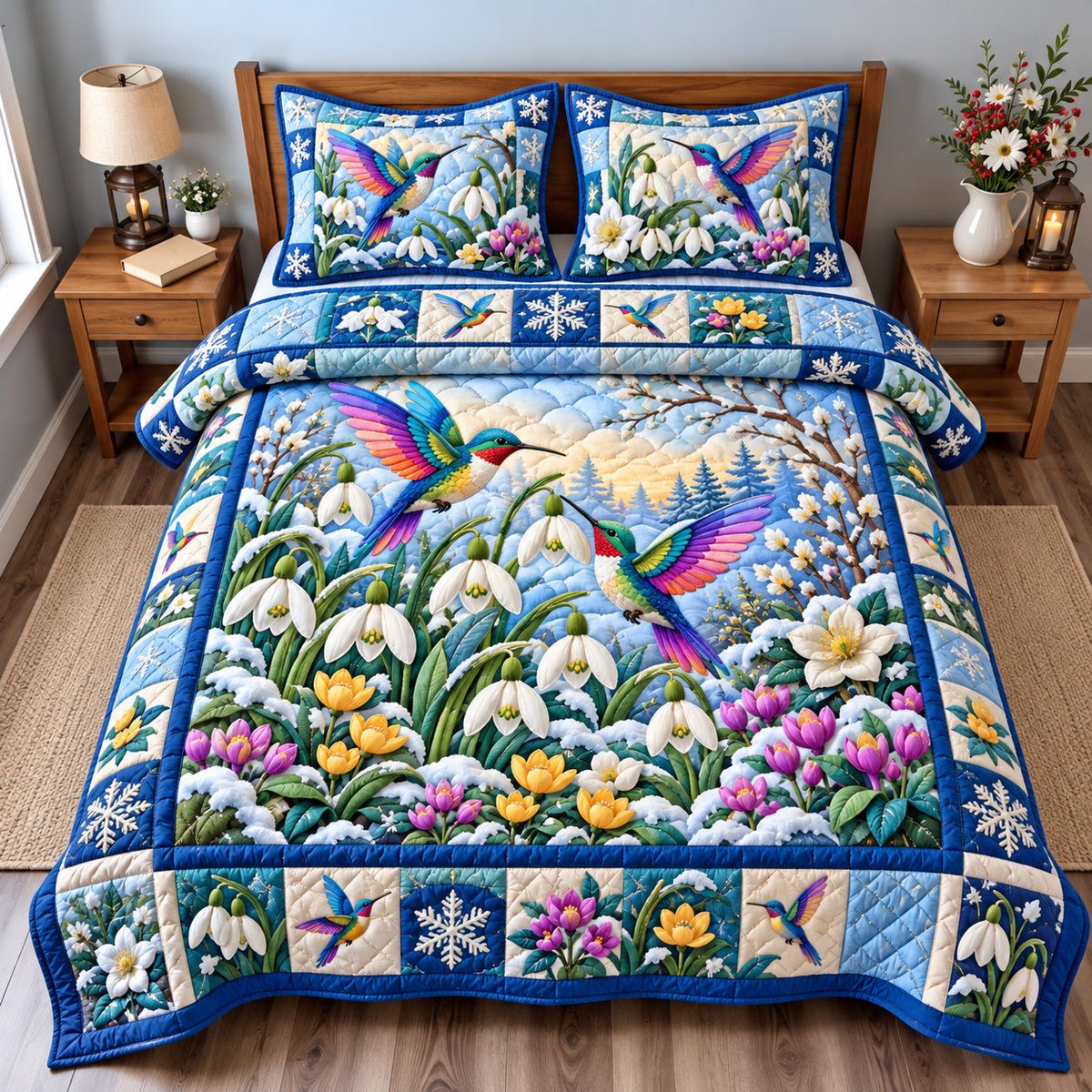 Winter Hummingbird Jewels 3 Piece Quilted Bedding Set Gift For Bird Lovers