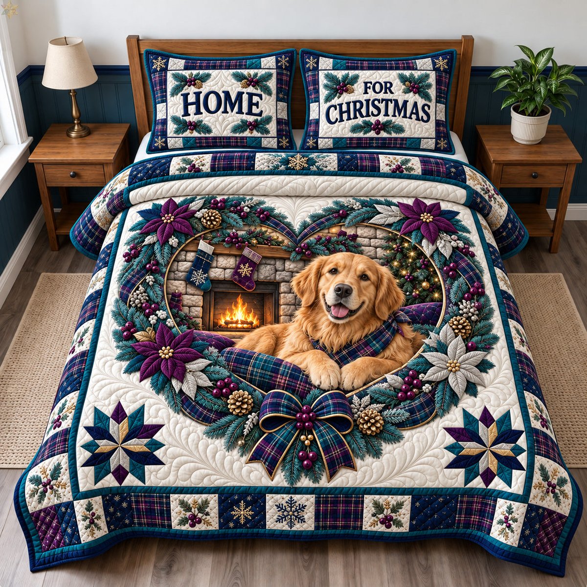 Home for Golden Retriever 3 Piece Quilted Bedding Set Christmas Gift For Dog Lovers
