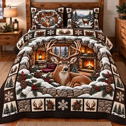 Winter Lodge Deer 3 Piece Quilted Bedding Set Christmas Gift For Hunters