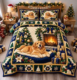 Golden Retriever Joy 3 Piece Quilted Bedding Set Christmas Gift For Dog Lovers