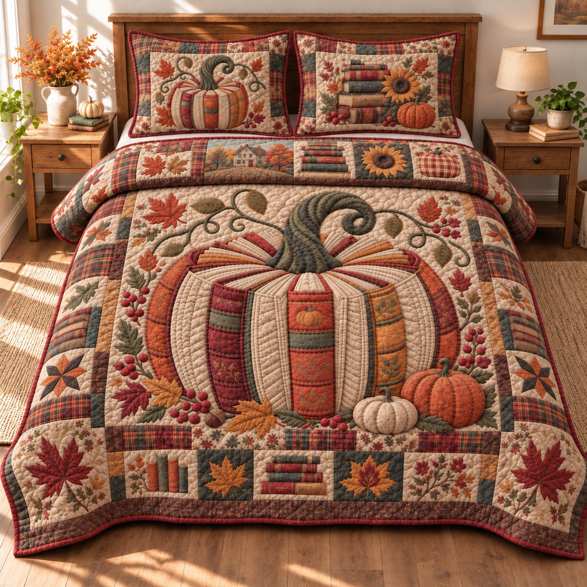 Rustic Pumpkin Elegance 3 Piece Quilted Bedding Set Gift For Farmhouse Decor Lovers