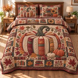 Rustic Pumpkin Elegance 3 Piece Quilted Bedding Set Gift For Farmhouse Decor Lovers