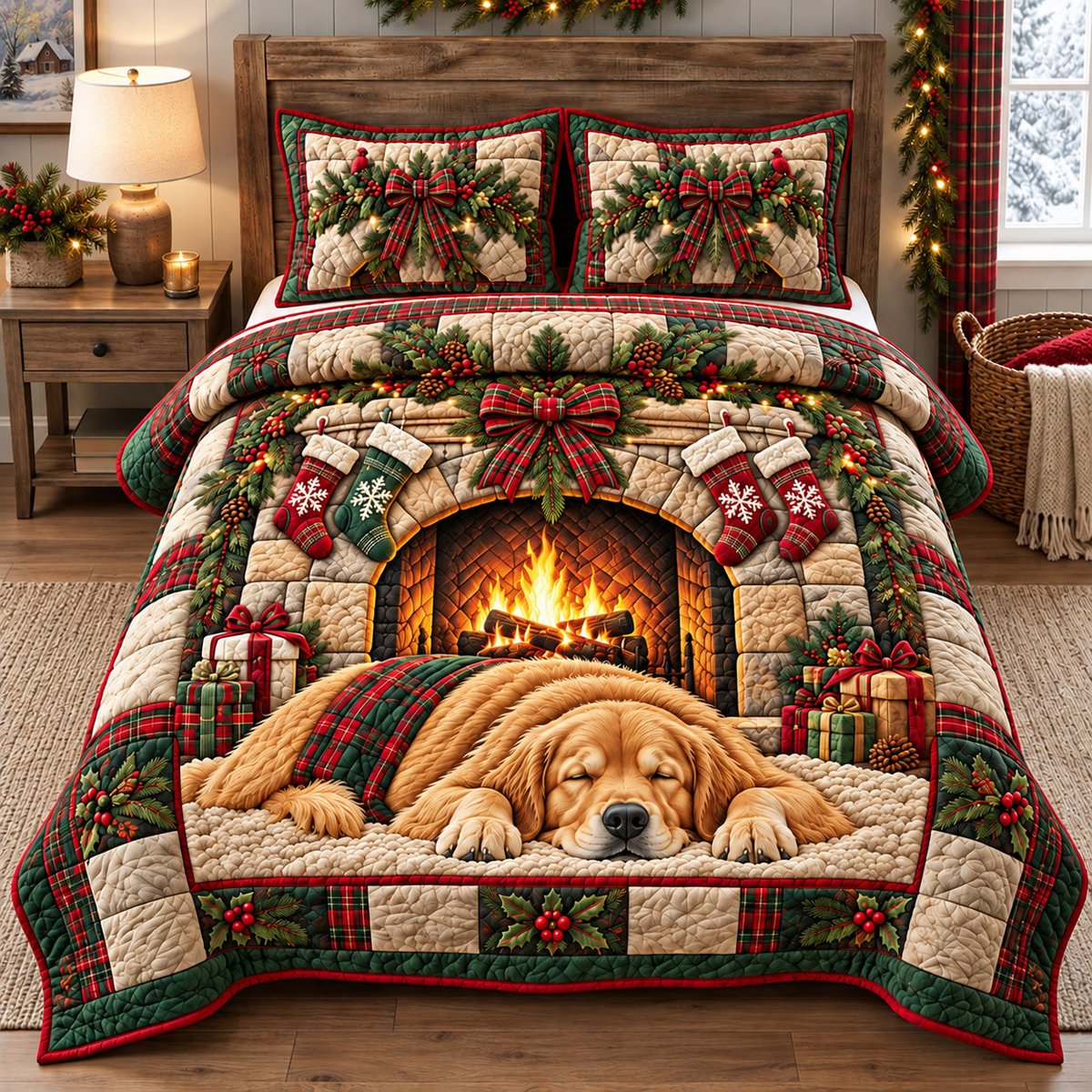 Cozy Golden Retriever 3 Piece Quilted Bedding Set Christmas Gift For Dog Lovers
