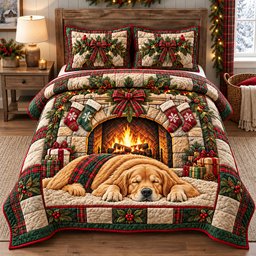Cozy Golden Retriever 3 Piece Quilted Bedding Set Christmas Gift For Dog Lovers