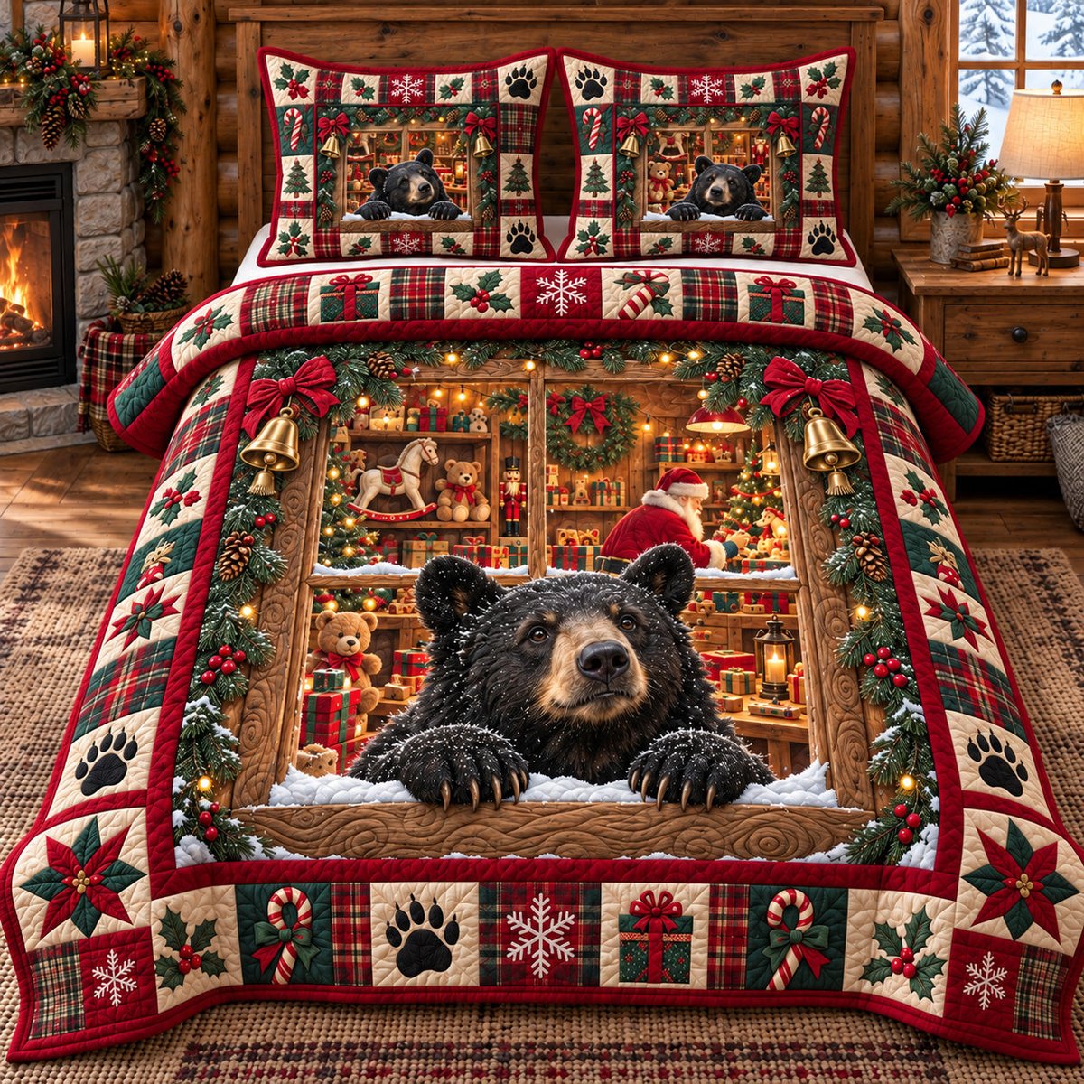 Rustic Guardian Bear 3 Piece Quilted Bedding Set Christmas Gift For Bear Lovers
