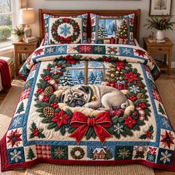 Pug Sleep Dog 3 Piece Quilted Bedding Set Christmas Gift For Dog Lovers