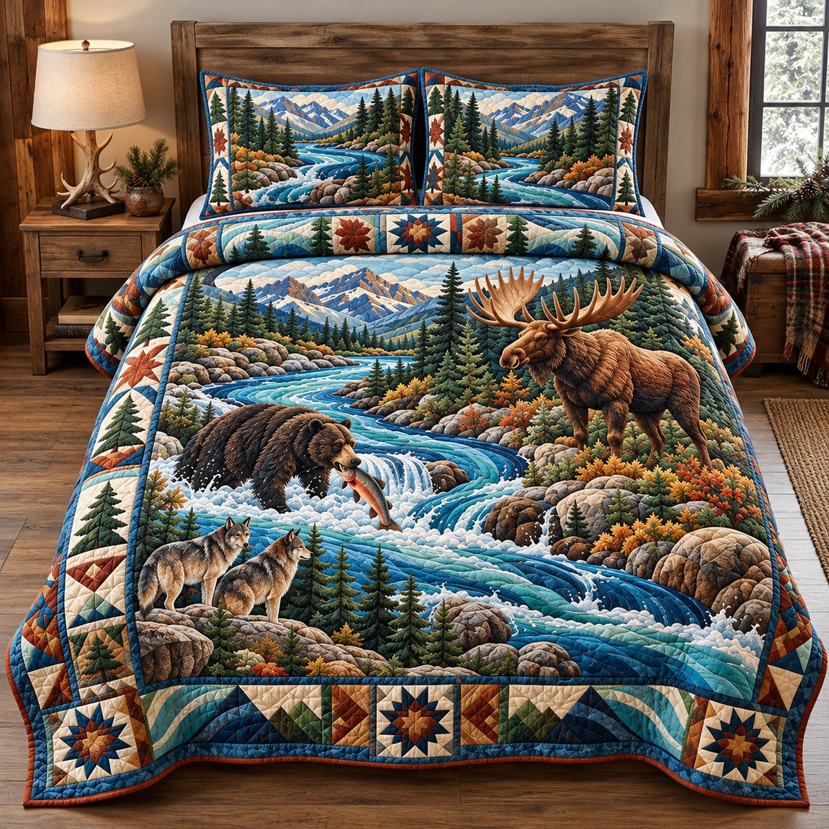 Wild Mountain River 3 Piece Quilted Bedding Set Gift For Nature Lovers