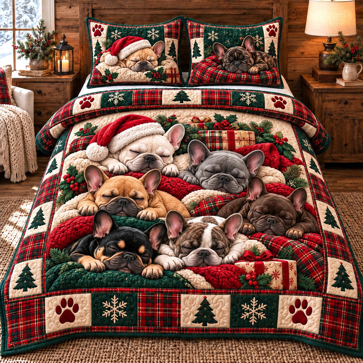 Sleeping Bulldogs 3 Piece Quilted Bedding Set Christmas Gift For Holiday Decor Lovers