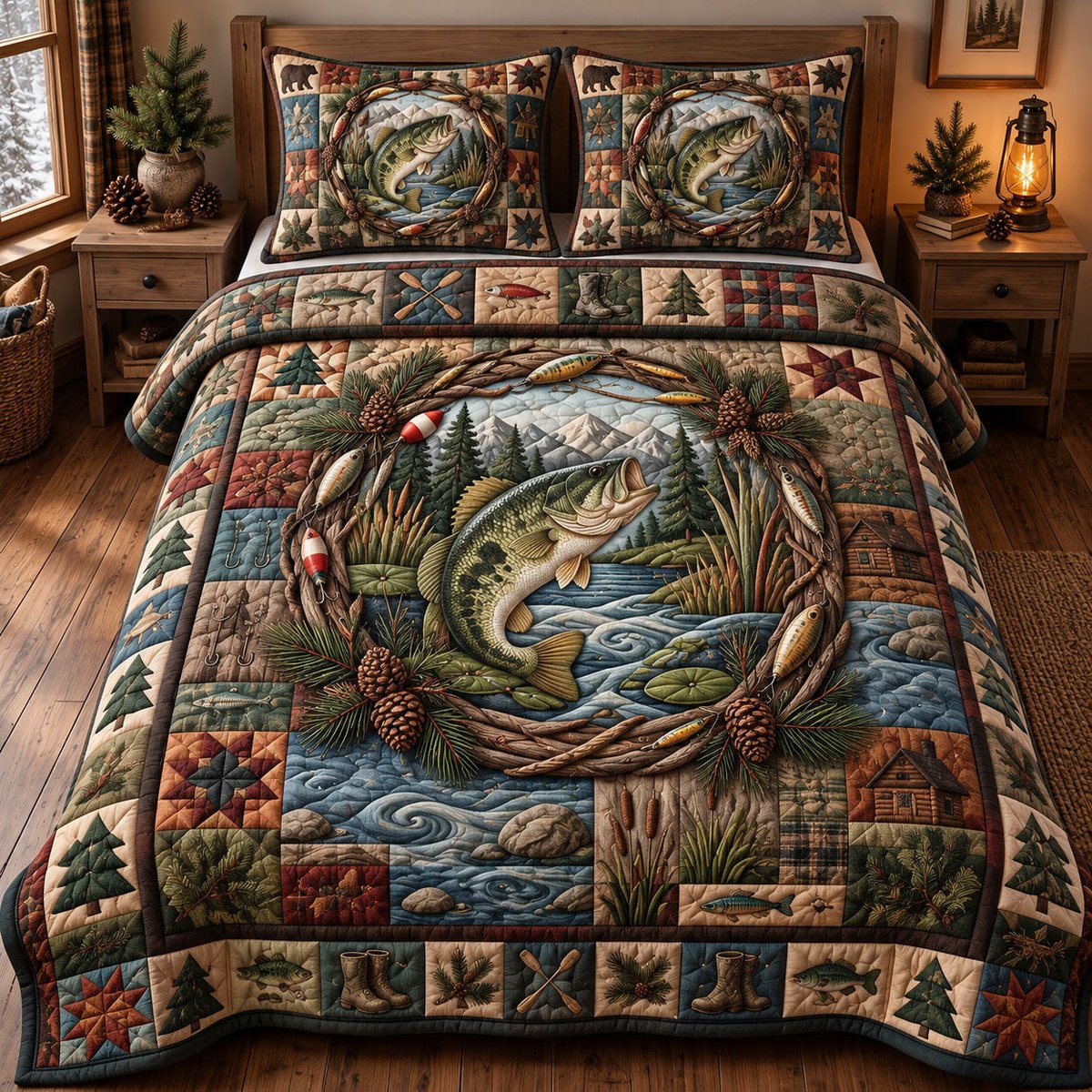 Rustic Bass Fishing 3 Piece Quilted Bedding Set Gift For Fishing Lovers