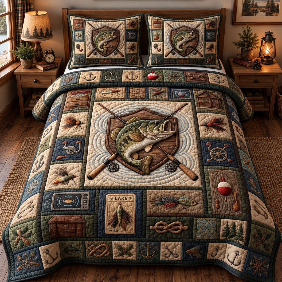 Rustic Bass Fishing 3 Piece Quilted Bedding Set Gift For Fishing Lovers