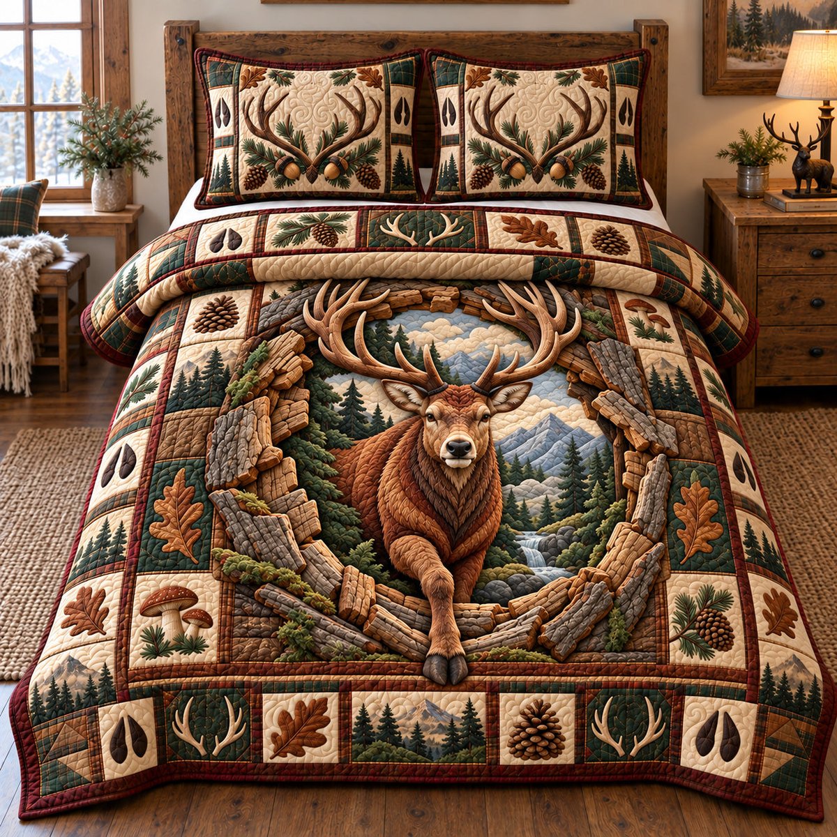 Wild Woodland Deer 3 Piece Quilted Bedding Set Gift For Hunters