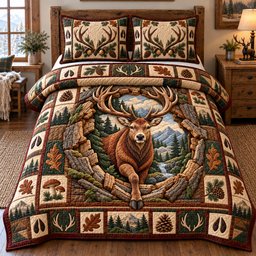 Wild Woodland Deer 3 Piece Quilted Bedding Set Gift For Hunters