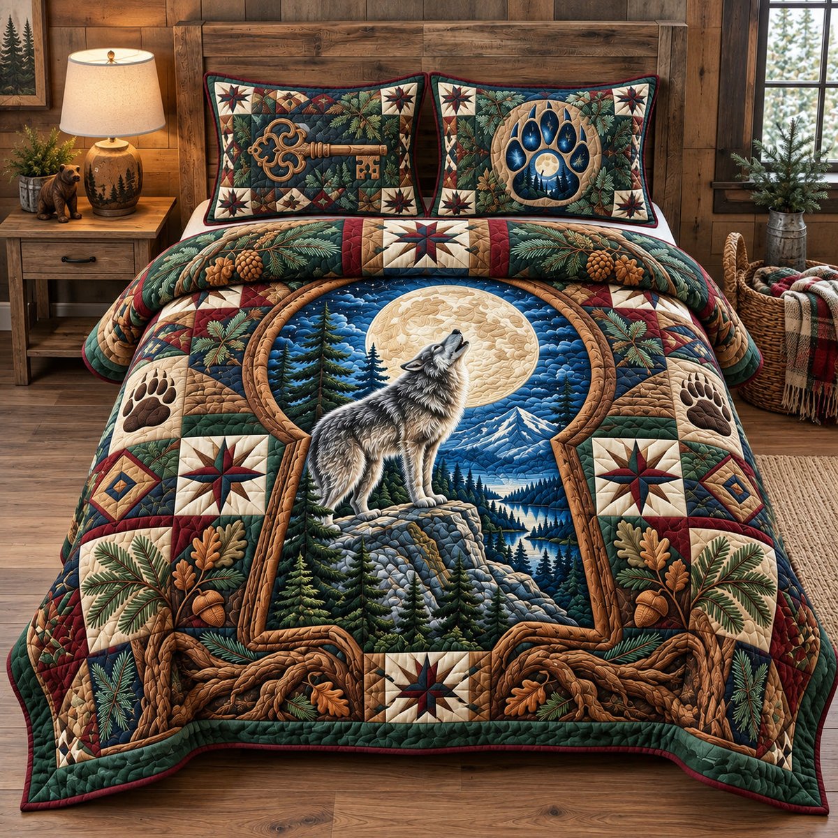 Moonlight Howling Wolf 3 Piece Quilted Bedding Set Gift For Wolf Lovers