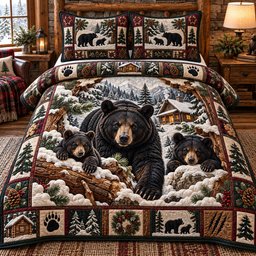 Snowy Bear Family 3 Piece Quilted Bedding Set Gift For Bear Lovers