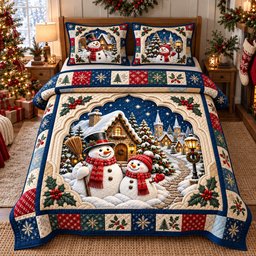 Snowman Village 3 Piece Quilted Bedding Set Christmas Gift For Holiday Decor Lovers