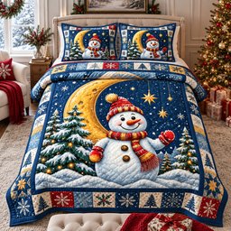 Snowman Winter Moonlight 3 Piece Quilted Bedding Set Gift For Holiday Decor Lovers