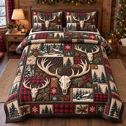 Forest Deer Skull Patchwork 3 Piece Quilted Bedding Set Gift For Hunters