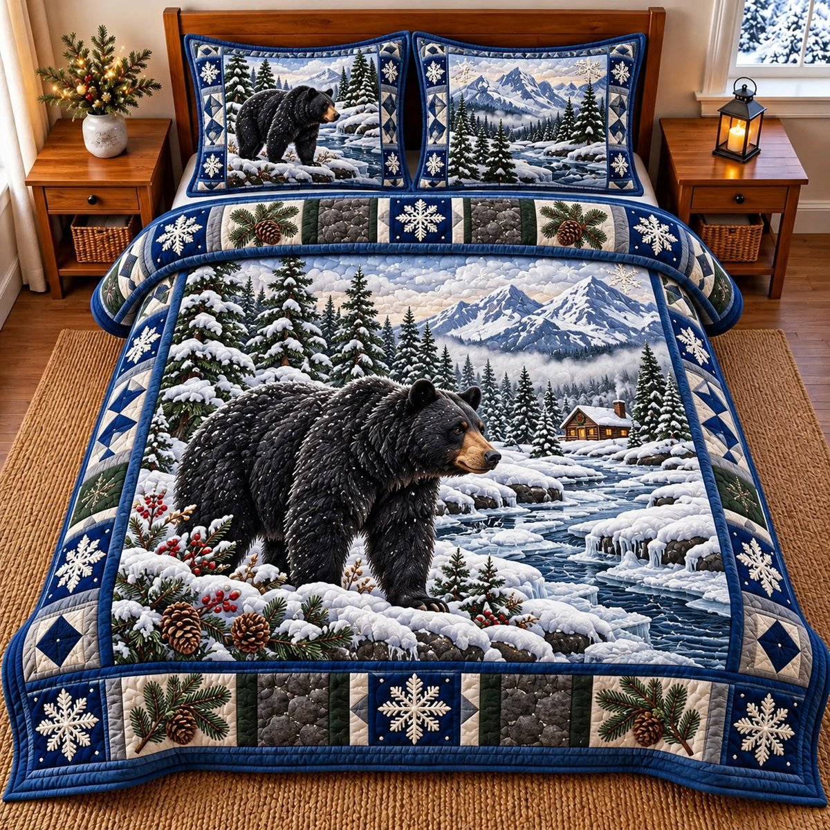 Snowy Bear 3 Piece Quilted Bedding Set Gift For Bear Lovers