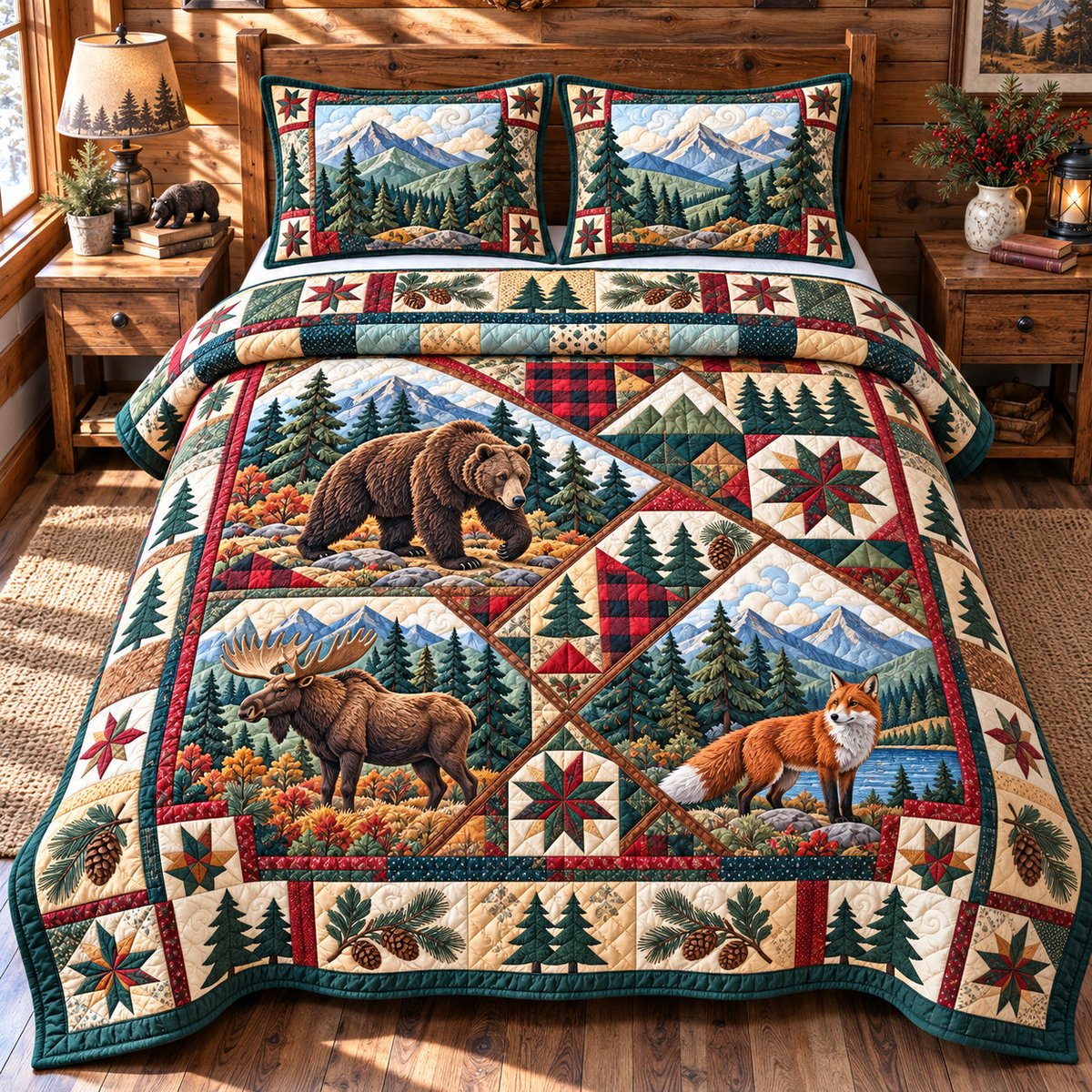 Rustic Woodland Spirit 3 Piece Quilted Bedding Set Gift For Nature Lovers