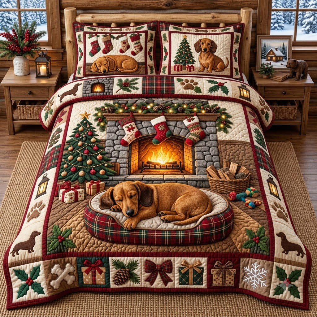 Sleeping Weenie Dog 3 Piece Quilted Bedding Set Gift For Dog Lovers