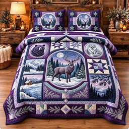 Amethyst Moonlit Forest Patchwork 3 Piece Quilted Bedding Set Gift For Nature Lovers