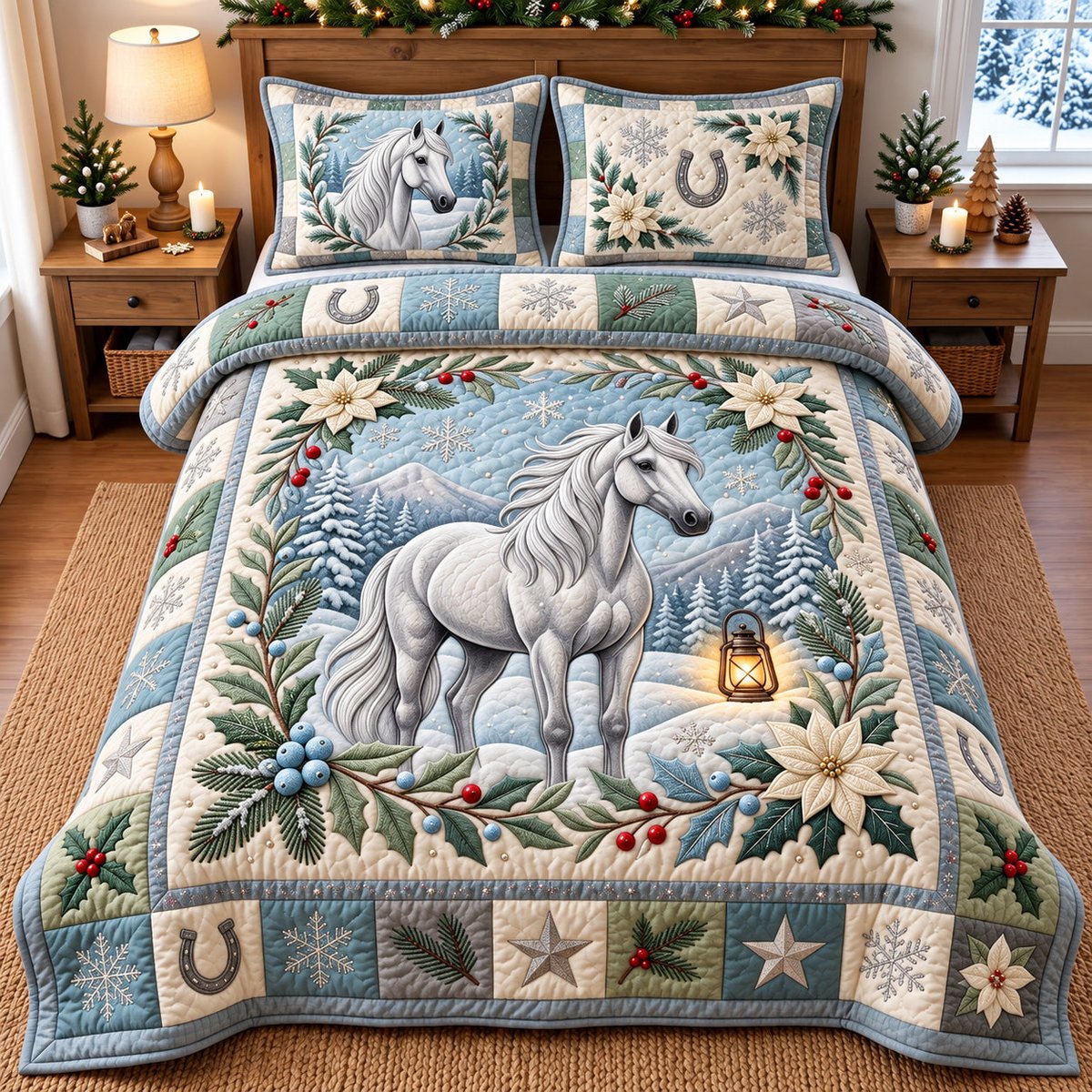 Snowy Horse 3 Piece Quilted Bedding Set Gift For Horse Lovers