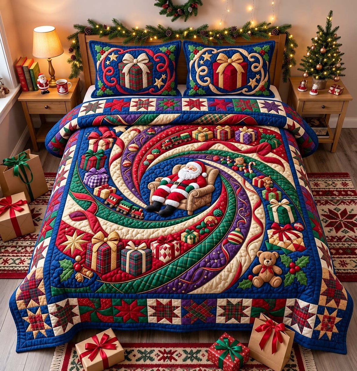 Santa Gift Whirl 3 Piece Quilted Bedding Set Christmas Gift For Holiday Decor Lovers