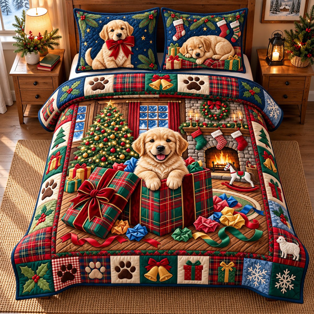 Fireside Golden 3 Piece Quilted Bedding Set Gift For Dog Lovers