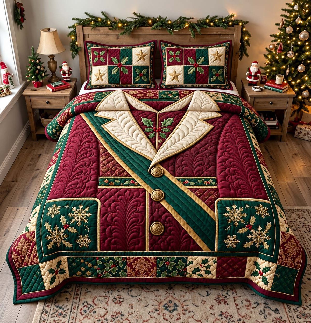Royal Santa 3 Piece Quilted Bedding Set Christmas Gift For Holiday Decor Lovers