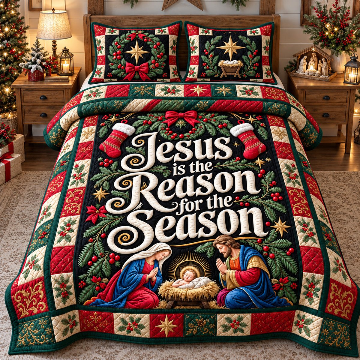 Jesus Reason for the Season 3 Piece Quilted Bedding Set Gift For Christians
