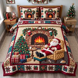 Santa Fireside Dreams 3 Piece Quilted Bedding Set Christmas Gift For Holiday Decor Lovers